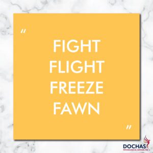 "FIght, flight, freeze, fawn" quote from What is a trauma response? Dochas Psychological Services blog