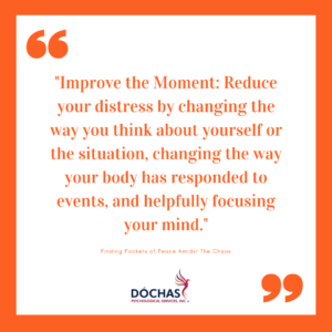 Improve the Moment: Reduce your distress by changing the way you think about yourself or the situation, changing the way your body has responded to events, and helpfully focusing your mind. Improve the moment via: Finding Pockets of Peace Amidst The Chaos 