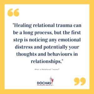 Healing relational trauma can be a long process, but the first step is noticing any emotional distress and potentially your thoughts and behaviours in relationships.