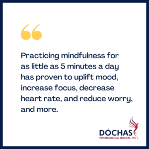 "Practicing mindfulness for as little as 5 minutes a day has proven to uplift mood, increase focus, decrease heart rate, and reduce worry, and more." Dochas Psychological Services blog quote